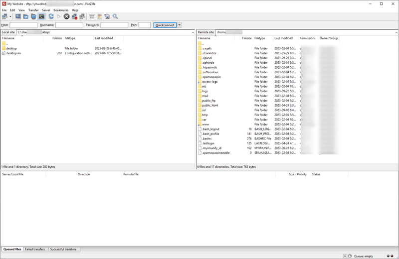 Screenshot showing FileZilla is connected to a server and ready to transfer files