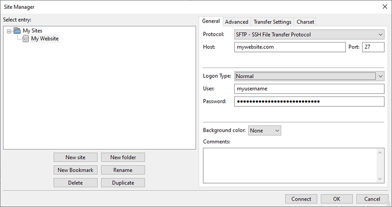 Screenshot of FileZilla site manager with website credentials