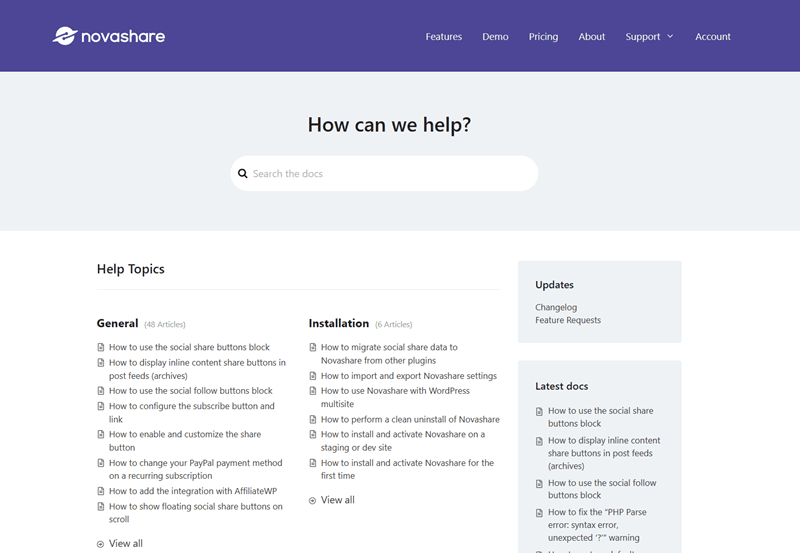 Novashare support and documentation screenshot