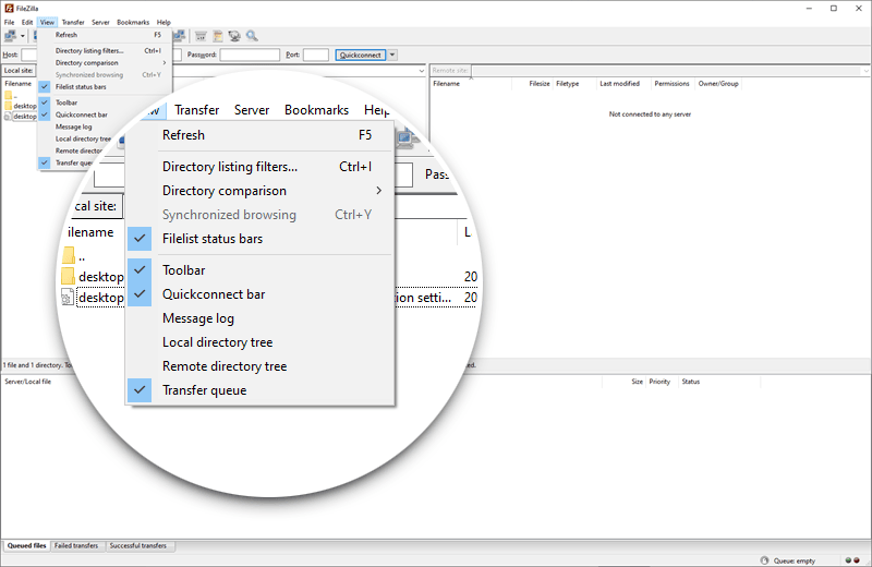 Screenshot showing the View options for FileZilla